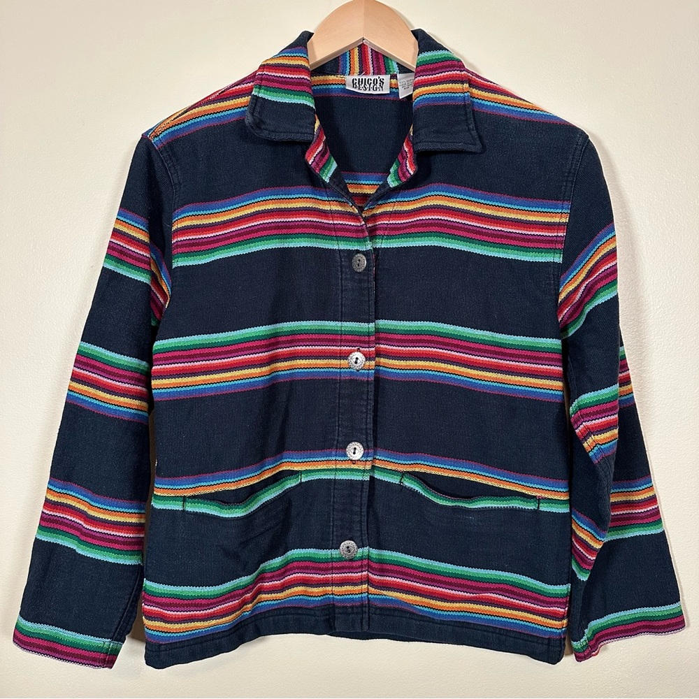 Vintage Chico’s Women’s Black Colorful Striped Jacket Cotton Small Southwestern